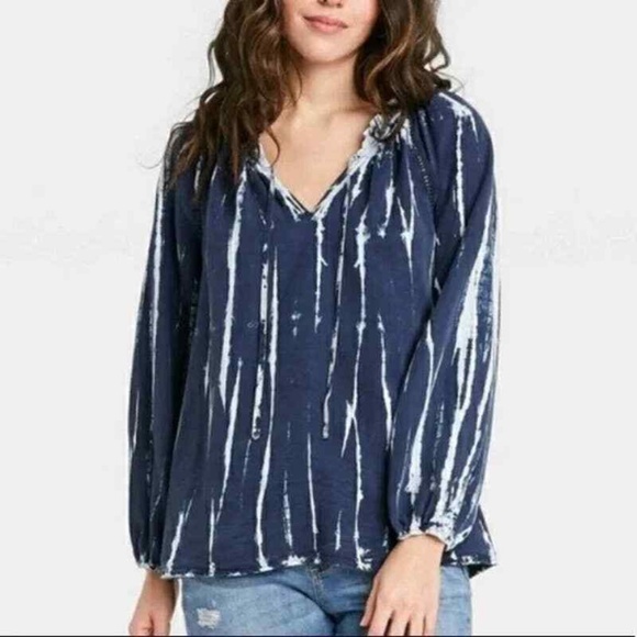 Knox Rose Tops - Knox Rose Women's XL Blue Tie Dye Blouse Ruffle Split Neckline Boho Peasant LS
